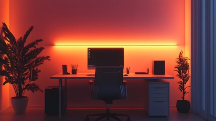 Aufkleber - A minimalist indoor office with a clean desk setup, a simple chair, and warm lighting creating a soft, welcoming atmosphere, captured in portrait.