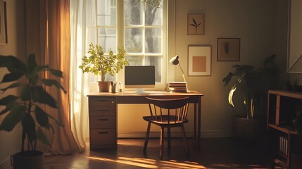 Aufkleber - A clean, minimal workspace indoors featuring a wooden desk, simple decor, and warm ambient lighting, captured in portrait composition.