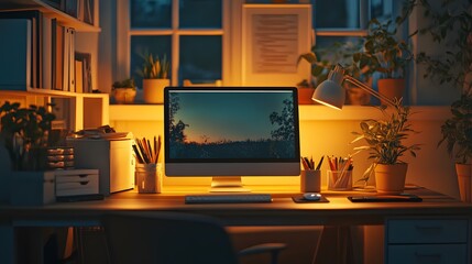 Poster - A minimalist indoor workspace with warm tones, a clean desk, and soft ambient lighting, evoking a calm, chill atmosphere, captured in portrait composition.