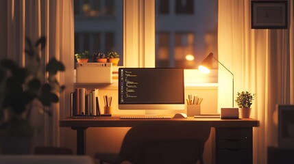 Poster - A minimalist indoor workspace with warm tones, a clean desk, and soft ambient lighting, evoking a calm, chill atmosphere, captured in portrait composition.