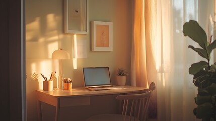Poster - A minimalist desk setup indoors with neutral colors, soft ambient lighting, and warm tones, creating a calm, inviting workspace, captured in portrait.