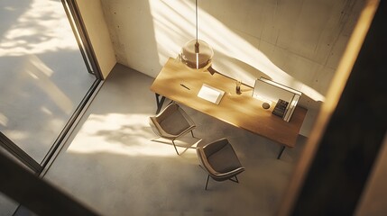 Aufkleber - A clean, minimalist workspace with neutral tones, warm lighting, and simple furniture, creating a cozy, chill indoor environment, viewed from a birds-eye angle.