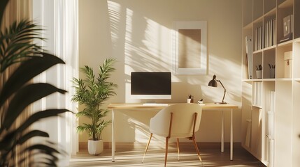 Poster - A minimalist workspace indoors with clean lines, soft lighting, and neutral colors, evoking a warm and calm atmosphere, photographed in portrait composition.
