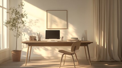 Poster - A minimalist workspace indoors with clean lines, soft lighting, and neutral colors, evoking a warm and calm atmosphere, photographed in portrait composition.