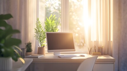 Aufkleber - A clean, minimalist desk setup indoors with neutral colors and soft lighting, creating a calm, warm environment, photographed in portrait composition.