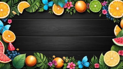 summer themed border frame on rustic black wooden background, full image