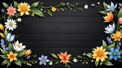 Wall Mural - spring themed border frame on rustic black wooden background, full image