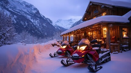 Snowmobiles parked outside a rustic mountain lodge, winter holiday travel, thrilling winter adventure