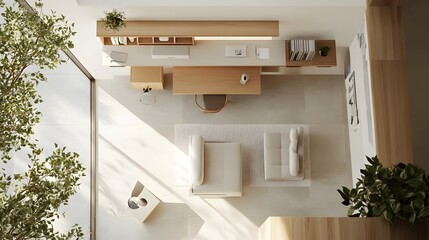 Aufkleber - A minimalist indoor workspace featuring neutral tones, soft ambient lighting, and clean lines, creating a warm and calm environment, viewed from a birds-eye perspective.