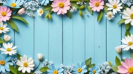 Wall Mural - spring themed border frame on rustic pastel blue wooden background, full image