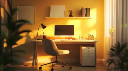 Poster - A warm indoor office with minimalist furniture, featuring a clean desk, a cozy chair, and soft lighting, creating a calm, inviting workspace, photographed in portrait.