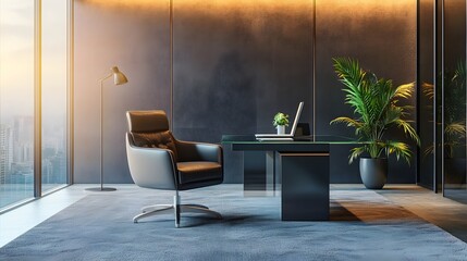 Aufkleber - A luxurious workspace with a minimalist design, featuring a glass desk, ergonomic chair, and plush carpeting, creating a comfortable indoor environment, captured in portrait.