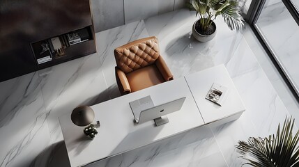 Aufkleber - A birds-eye view of a minimalist luxury office with a clean white desk, leather chair, and designer decor, evoking comfort and sophistication.