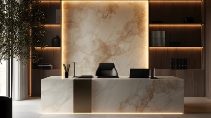 Poster - A photo of a sleek indoor workspace with marble finishes, soft lighting, and a minimalist desk setup, creating an atmosphere of luxury and comfort, captured in portrait composition.