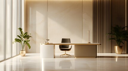 Aufkleber - A luxurious workspace with clean lines, gold accents, and a sleek desk, designed for a comfortable and minimal indoor environment, photographed in portrait composition.