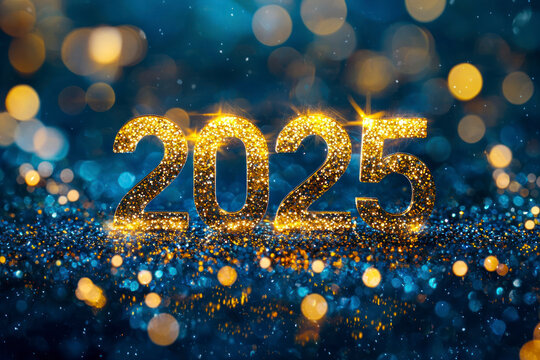 Modern design of Happy New Year 2025 logo made of glittering dark blue and gold numbers against night sky background.
