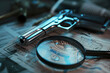 © EliteStock - A close-up of a metallic handgun alongside a magnifying glass, scattered papers, and other tools, evoking a sense of mystery and investigation.