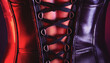© Carla Tracy - Metallic purple leather corset with intricate lace-up detailing, sexy lingerie close-up background for fashion and fetish wear, bondage and dominatrix themes.