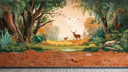 painted mural of nature scene on a rustic orange brick wall background, full image