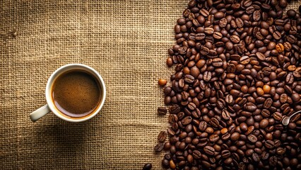 A cup of freshly brewed coffee sits beside a mound of roasted coffee beans, ready for a morning pick-me-up.