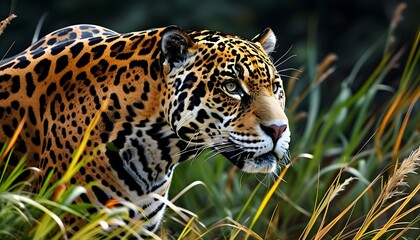 Wall Mural - Majestic jaguar navigating through tall grass, displaying intricate spots and powerful presence in its natural habitat