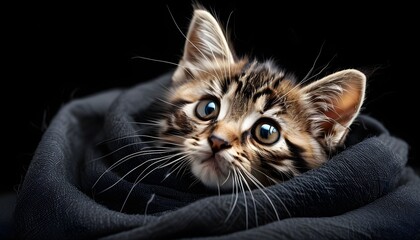 Curious tabby kitten with big eyes, cozily wrapped in dark fabric against a striking black backdrop