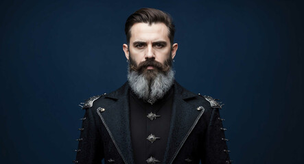 Poster - Bearded man with dark gothic attire standing on a navy blue background