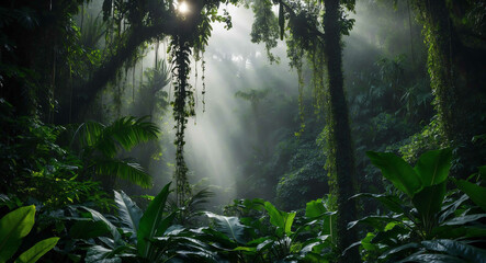 Wall Mural - Dense tropical jungle with mist and sunlight filtering through