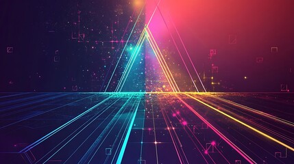 Wall Mural - Abstract digital background with a glowing triangle shape in the center and a bright pink and blue color scheme.