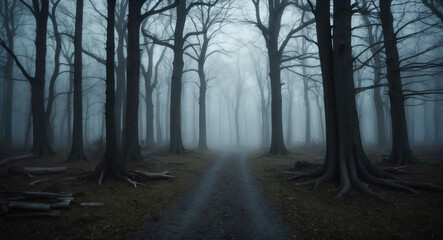 Wall Mural - Eerie fog rolling through an abandoned forest with twisted trees