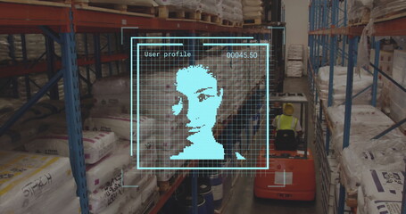 Sticker - Image of data processing with portraits over worker using lift truck in warehouse