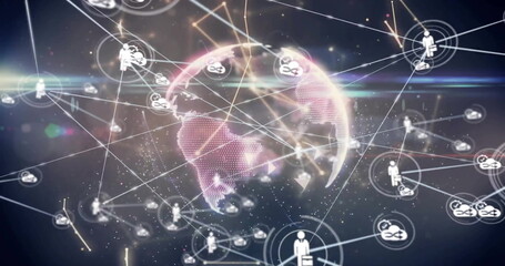 Wall Mural - Image of network of connections with icons over globe