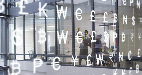 Poster - Image of currency symbols over diverse business people discussing work in office