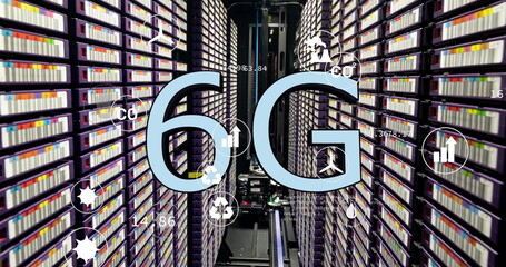 Poster - Image of ecology icons and data processing with 6g text over server room