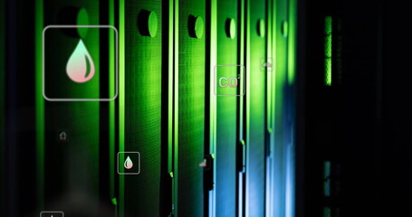 Poster - Image of ecology icons over server room