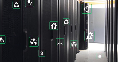 Poster - Image of ecology icons over server room