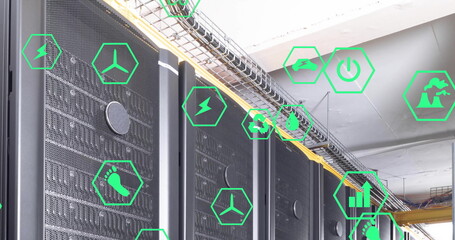 Poster - Image of ecology icons over server room