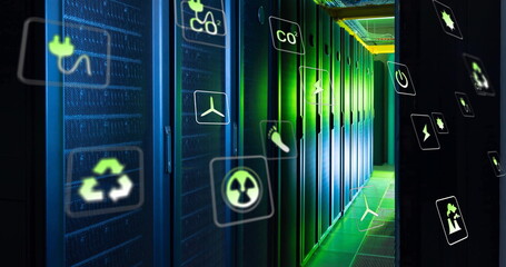 Poster - Image of ecology icons over server room