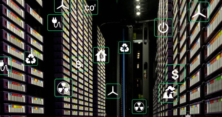 Poster - Image of ecology icons over server room