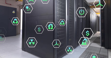 Poster - Image of ecology icons over server room