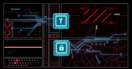 Poster - Image of circuit board, key and padlock icon and network of connections over black background