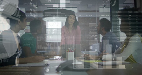 Poster - Image of financial data processing over diverse business people in office