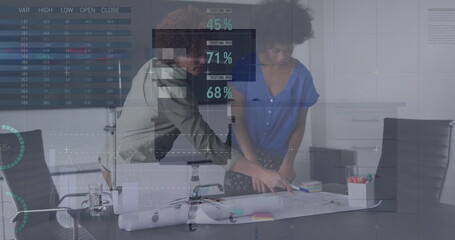Poster - Image of financial data processing over diverse business people in office