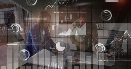 Poster - Image of financial data processing over diverse business people in office