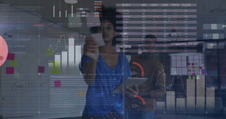 Poster - Image of financial data processing over diverse business people in office