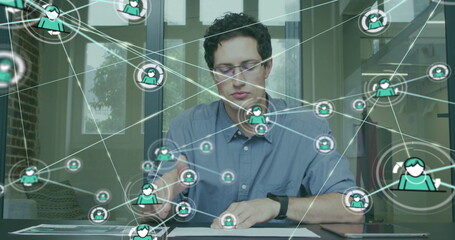 Aufkleber - Image of network of connections with people icons over caucasian businessman in office