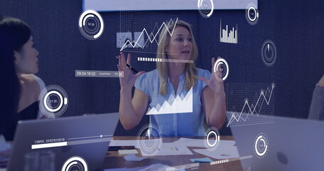 Poster - Image of data processing over diverse business people in office