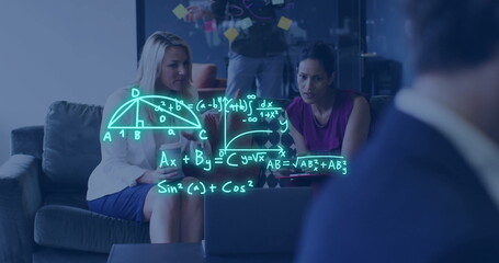 Poster - Image of mathematical equations over diverse female colleagues using laptop at casual office