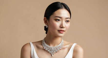 Poster - Korean woman wearing elegant diamond necklace with beige background