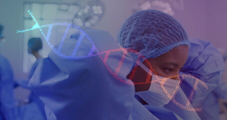 Poster - Image of dna strand over biracial female surgeon